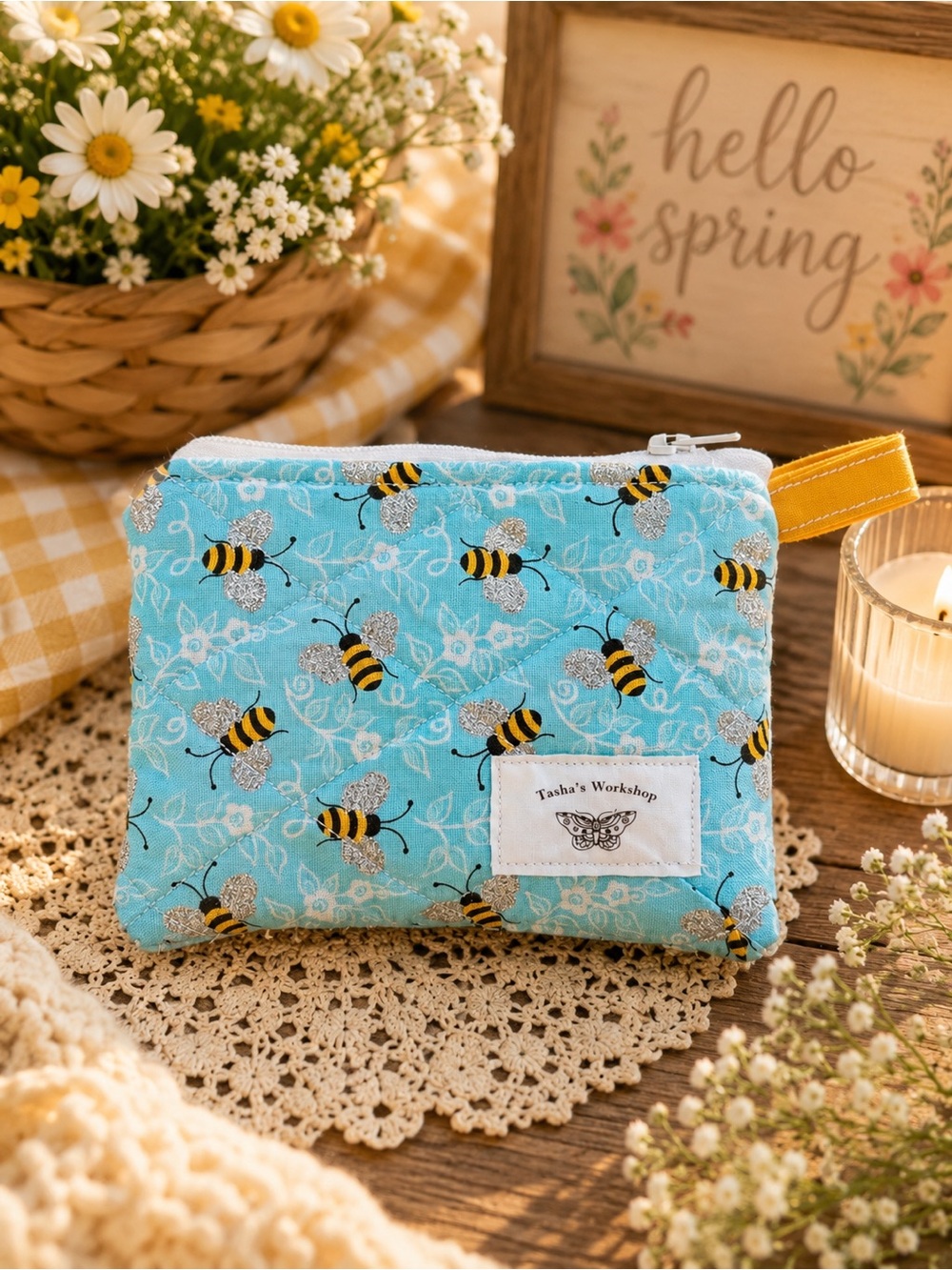 Bee Quilted Zipper Wallet